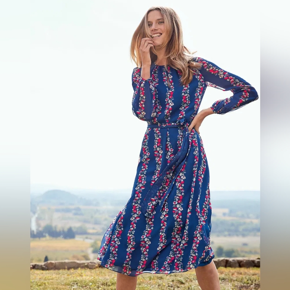 Boden Navy Blue Floral Long-Sleeve Midi Dress no belt